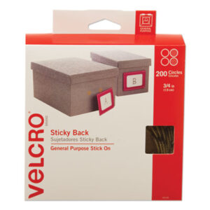 (VEK90140)VEK 90140 – Sticky-Back Fasteners with Dispenser Box, Removable Adhesive, 0.75" dia, Beige, 200/Roll by VELCRO USA, INC. (1/RL)