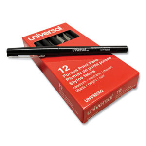 (UNV50502)UNV 50502 – Porous Point Pen, Stick, Medium 0.7 mm, Black Ink, Black Barrel, Dozen by UNIVERSAL OFFICE PRODUCTS (12/DZ)