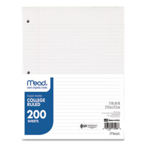 11 x 8-1/2; 16-lb.; 200 Sheets per Pack; College Rule; Filler; Filler Paper; Letter Size; Looseleaf; MEAD; Paper; Punched; Ring Binder Filler; Ring Binder Paper; Ruled; Three-Hole Punched; White; Hole-Punched; Lined; Papers