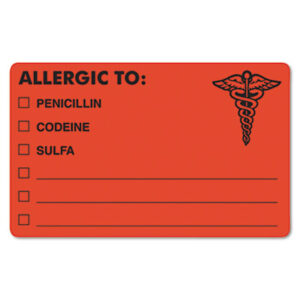 (TAB00488)TAB 00488 – Allergy Warning Labels, ALLERGIC TO: PENICILLN, CODEINE, SULFA, 2.5 x 4, Fluorescent Red, 100/Roll by TABBIES (1/RL)