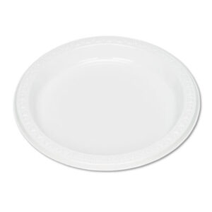 Cafeteria; Dinnerware; Food & Beverage Supplies; Kitchen Supplies; Plastic Plates; Plastic Tableware; Plate; Plates; TABLEMATE; Tableware; White; Table-Service; Dishes; Hospitality; Parties; Breakrooms; Kitchens