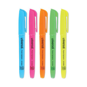 5-Color Set; Chisel Tip; Fluorescent; Highlighter; Highlighters; Marker; Pens; Pocket; UNIVERSAL; Note-taking; Underscoring; Emphasis; Accentuate; School; Education; Students; Teachers; Hiliters; Hilighters; ITA36180