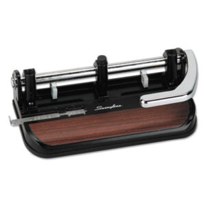 11/32" Diameter; 3-Hole/2-Hole; Accented Base; Adjustable; Black/Chrome/Woodgrain; Heavy-Duty; Hole Punch; Lever Handle; Paper Punch; Punches; Swingline; Three-Hole Punch; Two-Hole Punch; Bore; Puncture; Pierce; Desktop; Holes