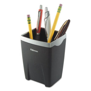 Black/Silver; Desk Accessories; FELLOWES; Pencil Cup; Pencil Holder; Containers; Beakers; Bowls; Cylinders; Tumblers; Stationery; Desktop