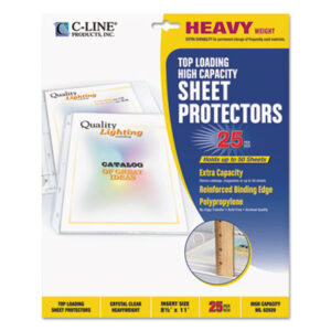 25 Protectors per Box; C-LINE; Clear; Large Capacity; Looseleaf; Protector; Ring Binder; Sheet; Sheet Protectors; Top-Loading; Sleeves; Transparent; Sheaths; Storage; Filing; Protection