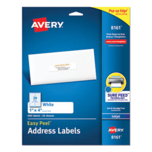 1 x 4; Address; Inkjet Printer; Inkjet Printers; Label; Labels; Mailing; White; Identifications; Classifications; Stickers; Shipping; Receiving; Mailrooms; AVERY