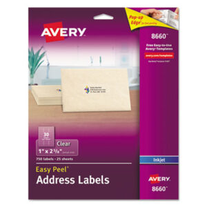 1 x 2-5/8; Address; Clear; Inkjet Printer; Inkjet Printers; Label; Labels; Mailing; Identifications; Classifications; Stickers; Shipping; Receiving; Mailrooms; AVERY