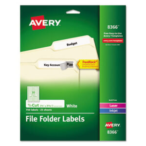 File Folder; File Folder Label; Inkjet Printer; Inkjet Printer Labels; Label; Labels; Laser Printer; Permanent; Self-Adhesive; White; Identifications; Classifications; Stickers; Shipping; Receiving; Mailrooms; AVERY