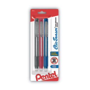 3-Pack; Assorted Barrel Colors; Black Barrel; Blue Barrel; Clic Eraser; Drafting/Drawing; Erasers; Pencil Style; PENTEL; Retractable Eraser; White Eraser; Corrections; Deletions; Rub-out; Expunge; Delete; Remove