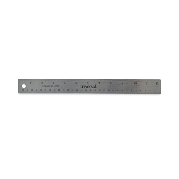 1/16" Scale; 12" Long; Cork Back; Hang-Up Hole; Metric Ruler; Ruler; Rulers; Stainless Steel; UNIVERSAL; Measurements; Tools; Mathematics; Schools; Education; Teachers; Students; Length; Measuring Device; BSN32361