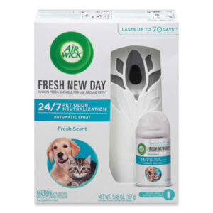 Air Freshener; Air Freshener Kit; Fresh New Day; Fresh Scent; Odor Neutralizer; Pet Odors; Pet Odor Neutralizer; Air Wick Kit; Air Wick Starter Kit; Air Wick Pet Freshener; Automatic Odor Control; Timed Odor Control; Room Freshener; Room Deodorizer; Pet Smells; Catbox Smells; Catlitter Smells; Metered Odor Control; Freshmatic