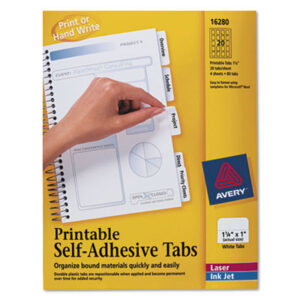 1-1/4 x 1 Tab; 96 Tabs per Pack; AVERY; Index Tab; Indexes; Inkjet Printer; Insertable Tab Indexes; Laser Printer; Printable; Self-Adhesive; Tab; Tab Indexes; White; Filing; Labeling; Indicators; Directories; Arranging; Files; Identification