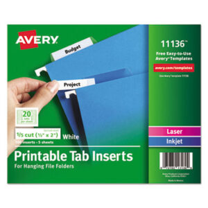 1/5 Cut; 2" Wide; AVERY; Hanging File Folder Tabs & Inserts; Hanging File Folders & Supplies; Index Tab; Inkjet; Insertable Tabs & Inserts; Inserts; Laser; Tab; Tab Inserts; Tabs; White; Filing; Labeling; Indicators; Directories; Arranging; Files; Identification