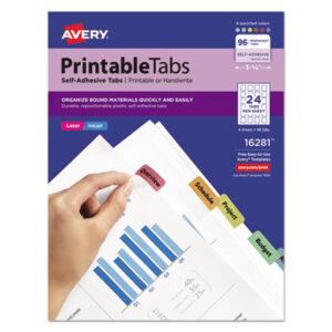 1-1/4 x 1 Tab; 96 Tabs per Pack; Assorted Colors; AVERY; Index Tab; Indexes; Inkjet Printer; Insertable Tab Indexes; Laser Printer; Printable; Self-Adhesive; Tab; Tab Indexes; Filing; Labeling; Indicators; Directories; Arranging; Files; Identification