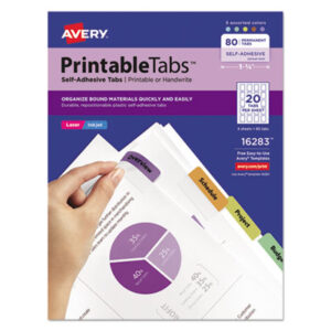 1-3/4 x 1 Tab; 80 Tabs per Pack; Assorted; AVERY; Index Tab; Indexes; Inkjet Printer; Insertable Tab Indexes; Laser Printer; Printable; Self-Adhesive; Tab; Tab Indexes; Filing; Labeling; Indicators; Directories; Arranging; Files; Identification