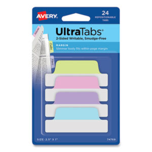 (AVE74769)AVE 74769 – Ultra Tabs Repositionable Tabs, Margin Tabs: 2.5" x 1", 1/5-Cut, Assorted Pastel Colors, 24/Pack by AVERY PRODUCTS CORPORATION (24/PK)