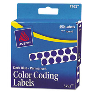 1/4" Diameter; 450 Labels per Pack; Color-Coding; Dark Blue; Dot; Dots; Label; Labels; Permanent; Round; Self-Adhesive; Identifications; Classifications; Stickers; Shipping; Receiving; Mailrooms; AVERY