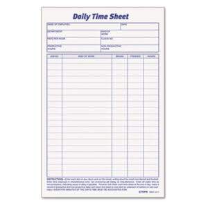 Daily Employee Time and Job Sheet; Employee Time Card; Form; Forms; Job Sheet; Job/Time Sheet; Job/Work Form; Manual Record; Time Card; Time/Job Sheet; TOPS; Paperwork; Records; Documents; Pre-Printed; Record-Keeping