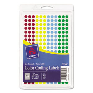 1/4" Diameter; 864 Labels per Pack; Assorted Colors; Color-Coding; Dot; Dots; Label; Labels; Removable; Removable Labels; Round; Self-Adhesive; Identifications; Classifications; Stickers; Shipping; Receiving; Mailrooms; AVERY