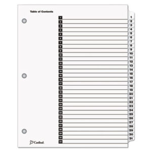 Binder Index; CARDINAL; Copier; Divider; Index System; Indexes; Ink Jet Printer; Ink Jet/Laser; Laser Printer; Numerical; OneStep; Printer; Ring Binder; Subject Divider; Tab; Tab Divider; Tab Titles 1-31; Table of Contents; Tabs; White Tabs; index dividers; preprinted; 31 tab; 1-31 tab title; Recordkeeping; Filing; Systems; Cataloging; Classification; CRD60113CB