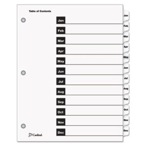 Binder Index; CARDINAL; Copier; Divider; Index System; Indexes; Ink Jet Printer; Ink Jet/Laser; Laser Printer; Monthly; OneStep; Printer; Ring Binder Indexes; Subject Divider; Tab; Tab Divider; Tab Titles Jan.-Dec.; Table of Contents; Tabs; White Tabs; 12 tab; index dividers; preprinted tabs; Recordkeeping; Filing; Systems; Cataloging; Classification