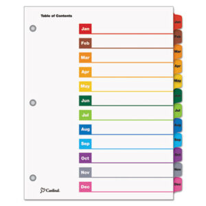 Binder Index; CARDINAL; Copier; Divider; Index System; Indexes; Ink Jet Printer; Ink Jet/Laser; Laser Printer; Monthly; Multicolor Tabs; OneStep; Printer; Ring Binder; Subject Divider; Tab; Tab Divider; Tab Titles Jan.-Dec.; Table of Contents; Tabs; 12 tab; index dividers; preprinted tabs; Recordkeeping; Filing; Systems; Cataloging; Classification