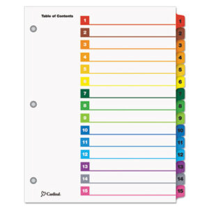 Binder Index; CARDINAL; Copier; Divider; Index System; Indexes; Ink Jet Printer; Ink Jet/Laser; Laser Printer; Multicolor Tabs; Numerical; OneStep; Printer; Ring Binder; Subject Divider; Tab; Tab Divider; Tab Titles 1-15; Table of Contents; Tabs; White Tabs; 15 tab; index dividers; preprinted; Recordkeeping; Filing; Systems; Cataloging; Classification