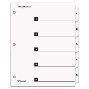 Binder Index; CARDINAL; Copier; Divider; Index System; Indexes; Ink Jet Printer; Ink Jet/Laser; Laser Printer; Numerical; OneStep; Printer; Ring Binder; Subject Divider; Tab; Tab Divider; Tab Titles 1-5; Table of Contents; Tabs; White Tabs; Tabs; 5 tab; five tab; preprinted; 1-5 Table Titles; Recordkeeping; Filing; Systems; Cataloging; Classification