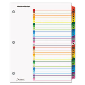 Binder Index; CARDINAL; Copier; Divider; Index System; Indexes; Ink Jet Printer; Ink Jet/Laser; Laser Printer; Multicolor Tabs; Numerical; OneStep; Printer; Ring Binder Indexes; Subject Divider; Tab; Tab Divider; Tab Titles 1-31; Table of Contents; Tabs; index dividers; preprinted; 31 tab; 1-31 tab title; Recordkeeping; Filing; Systems; Cataloging; Classification