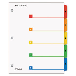 Binder Index; CARDINAL; Copier; Divider; Index System; Indexes; Ink Jet Printer; Ink Jet/Laser; Laser Printer; Multicolor Tabs; Numerical; OneStep; Printer; Ring Binder; Subject Divider; Tab; Tab Divider; Tab Titles 1-5; Table of Contents; Tabs; Tabs; 5 tab; five tab; preprinted; 1-5 Table Titles; Recordkeeping; Filing; Systems; Cataloging; Classification