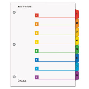 Binder Index; CARDINAL; Copiers; Divider; Index System; Indexes; Ink Jet Printer; Ink Jet/Laser; Laser Printer; Multicolor Tabs; Numerical; OneStep; Printer; Ring Binder; Subject Divider; Tab; Tab Divider; Tab Titles 1-8; Table of Contents; Tabs; preprinted; 8 tabs; eight tabs; Recordkeeping; Filing; Systems; Cataloging; Classification