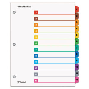 Binder Index; CARDINAL; Copier; Divider; Index System; Indexes; Ink Jet Printer; Ink Jet/Laser; Laser Printer; Multicolor Tabs; Numerical; OneStep; Printer; Ring Binder; Subject Divider; Tab; Tab Divider; Tab Titles 1-12; Table of Contents; Tabs; 12 tab; index dividers; preprinted tabs; Recordkeeping; Filing; Systems; Cataloging; Classification