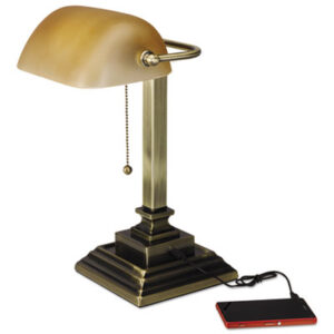 (ALELMP517AB)ALE LMP517AB – Traditional Banker&apos;s Lamp with USB, 10w x 10d x 15h, Antique Brass by ALERA (1/EA)