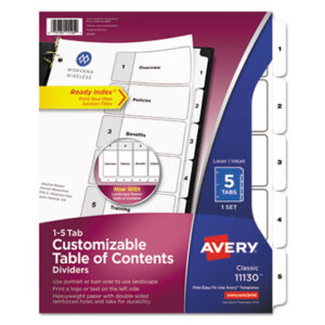 1-5 Tab Set; AVERY; Binder Index; Classic; Divider; Index Dividers; Indexes; Ink Jet/Laser Printer; Numerical; Ready Index; Recycled; Ring Binder Divider; Subject Divider; Tab Divider; Tab Titles 1-5; Table Of Contents; preprinted tabs; 5 tab; five tab; Recordkeeping; Filing; Systems; Cataloging; Classification