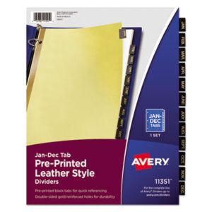 25 Tabs per Set; AVERY; Black Leather Tab Dividers; Divider; Index Dividers; Jan.-Dec. Tab Titles; preprinted tabs; Ring Binder Divider; Subject Divider; Tab Divider; Tabs; 12 Tab Jan.-Dec.; 12 tab; index dividers; preprinted tabs; Recordkeeping; Filing; Systems; Cataloging; Classification