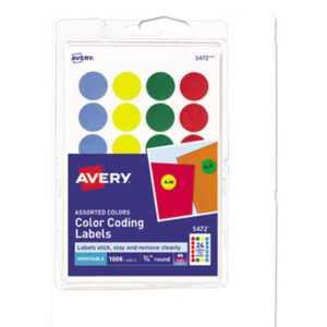 1008 Labels per Pack; 3/4" Diameter Round; Assorted Colors; Color-Coding; Dot; Dots; Label; Labels; Printer Labels; Removable; Removable Labels; Round; Self-Adhesive; Identifications; Classifications; Stickers; Shipping; Receiving; Mailrooms; AVERY