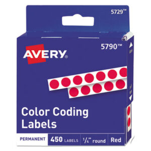 1/4" Diameter; 450 Labels per Pack; Color-Coding; Dot; Dots; Label; Labels; Permanent; Red; Round; Self-Adhesive; Signal Dot; Identifications; Classifications; Stickers; Shipping; Receiving; Mailrooms; AVERY