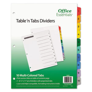 1-10 Table Titles; AVERY; Dividers; Office Essentials; Table &apos;n Tabs; 10 tab; index dividers; preprinted tabs; Recordkeeping; Filing; Systems; Cataloging; Classification