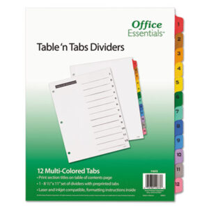 1-12 Table Titles; AVERY; Dividers; Office Essentials; Table &apos;n Tabs; 12 tab; index dividers; preprinted tabs; Recordkeeping; Filing; Systems; Cataloging; Classification