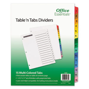 1-15 Table Titles; AVERY; Dividers; Office Essentials; Table &apos;n Tabs; 15 tab; index dividers; preprinted; Recordkeeping; Filing; Systems; Cataloging; Classification