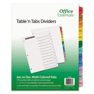 AVERY; Dividers; Jan.-Dec. Table Titles; Office Essentials; Table &apos;n Tabs; 12 Tab; Index dividers; Preprinted Tabs; Recordkeeping; Filing; Systems; Cataloging; Classification