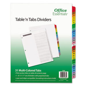 1-15 Table Titles; AVERY; Dividers; Office Essentials; Table &apos;n Tabs; index dividers; preprinted; 31 tab; 1-31 tab title; Recordkeeping; Filing; Systems; Cataloging; Classification