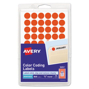 1/2" Diameter; 840 Labels per Pack; Color-Coding; Dot; Dots; Label; Labels; Red Neon; Removable; Removable Labels; Round; Self-Adhesive; Identifications; Classifications; Stickers; Shipping; Receiving; Mailrooms; AVERY