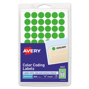 1/2" Diameter; 840 Labels per Pack; Color-Coding; Dot; Dots; Green Neon; Label; Labels; Removable; Removable Labels; Round; Self-Adhesive; Identifications; Classifications; Stickers; Shipping; Receiving; Mailrooms; AVERY