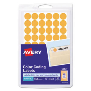 1/2" Diameter; 840 Labels per Pack; Color-Coding; Dot; Dots; Label; Labels; Orange Neon; Removable; Removable Labels; Round; Self-Adhesive; Identifications; Classifications; Stickers; Shipping; Receiving; Mailrooms; AVERY