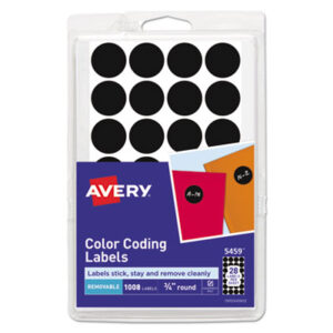 1008 Labels per Pack; 3/4" Diameter; Black; Color-Coding; Dot; Dots; Label; Labels; Removable; Removable Labels; Round; Self-Adhesive; Identifications; Classifications; Stickers; Shipping; Receiving; Mailrooms; AVERY