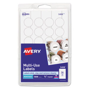 1000 Labels per Pack; 3/4" Diameter; All Purpose Labels; All-Purpose; Dot; Dots; Label; Labels; Multipurpose; Removable; Removable Labels; Round; Self-Adhesive; White; Identifications; Classifications; Stickers; Shipping; Receiving; Mailrooms; AVERY