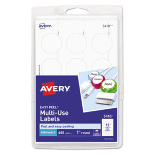 1" Diameter; 600 Labels per Pack; All Purpose Labels; All-Purpose; Dot; Dots; Label; Labels; Multipurpose; Removable; Removable Labels; Round; Self-Adhesive; White; Identifications; Classifications; Stickers; Shipping; Receiving; Mailrooms; AVERY