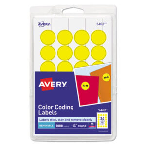 1008 Labels per Pack; 3/4" Diameter; Color-Coding; Dot; Dots; Label; Labels; Printer Labels; Removable; Removable Labels; Round; Self-Adhesive; Yellow; Identifications; Classifications; Stickers; Shipping; Receiving; Mailrooms; AVERY