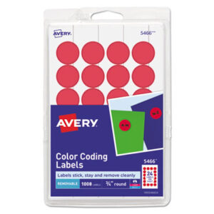 1008 Labels per Pack; 3/4" Diameter; Color-Coding; Dot; Dots; Label; Labels; Printer Labels; Red; Removable; Removable Labels; Round; Self-Adhesive; Signal Dot; Identifications; Classifications; Stickers; Shipping; Receiving; Mailrooms